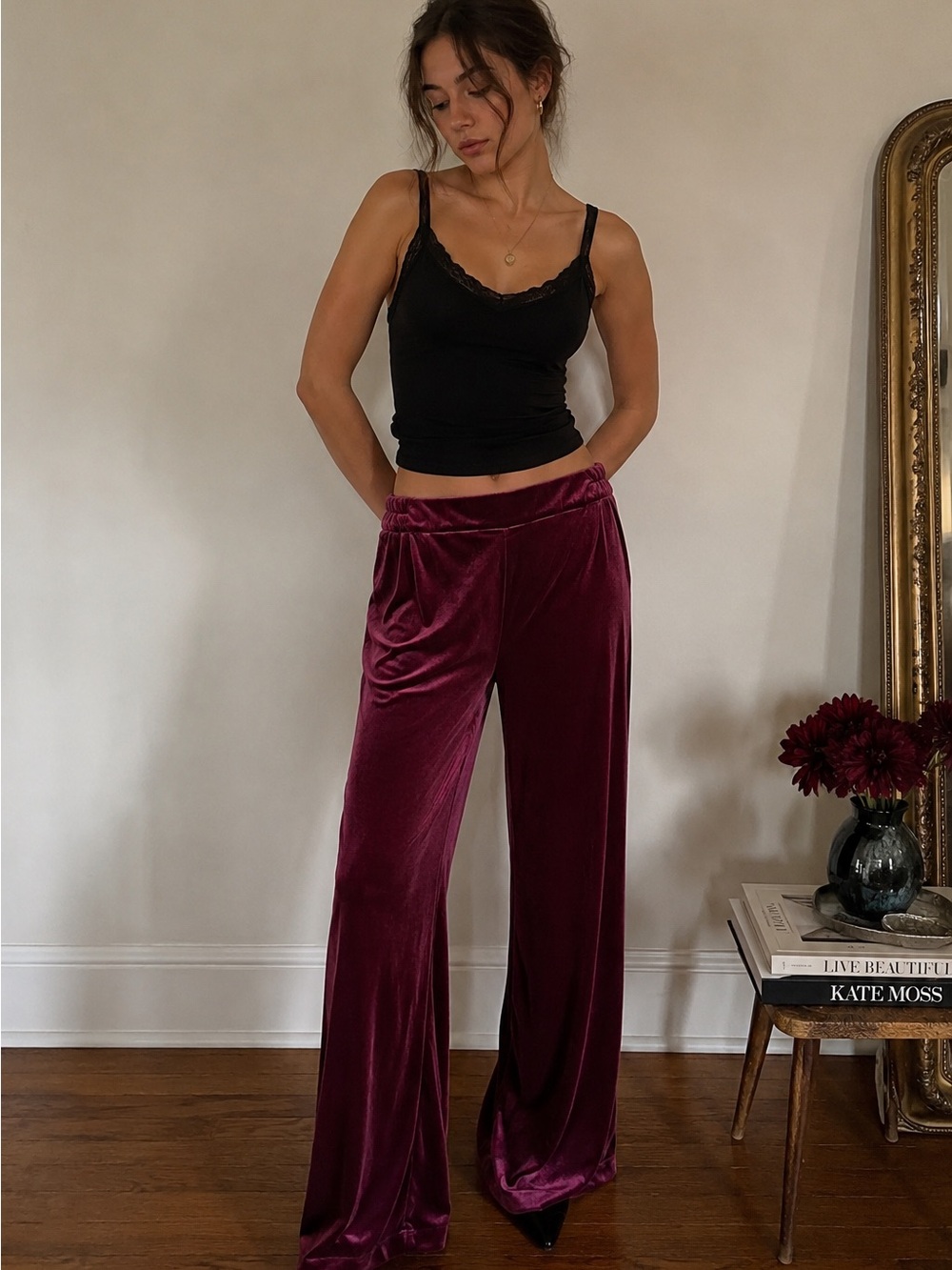 Old Navy Velvet Wide Leg Pants in Burgundy